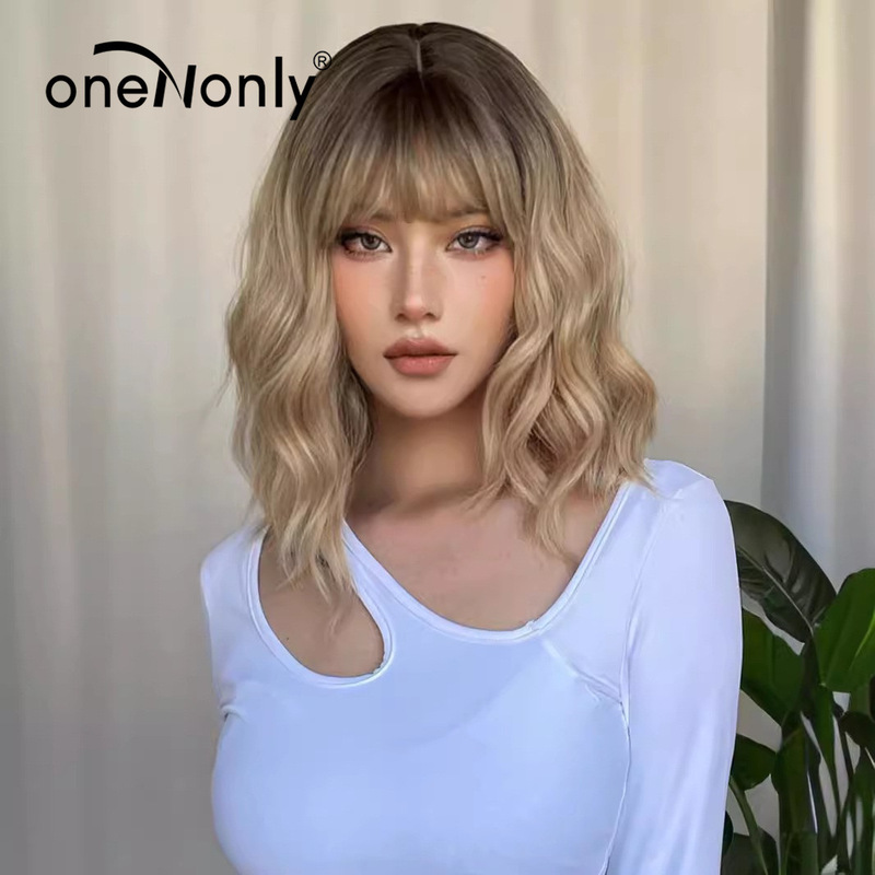 Wig Women's Short Curly Hair Clavicle Hair Japanese and Korean Style Gradient Blonde Headgear Full Headgear Summer Breathable Natural Spot