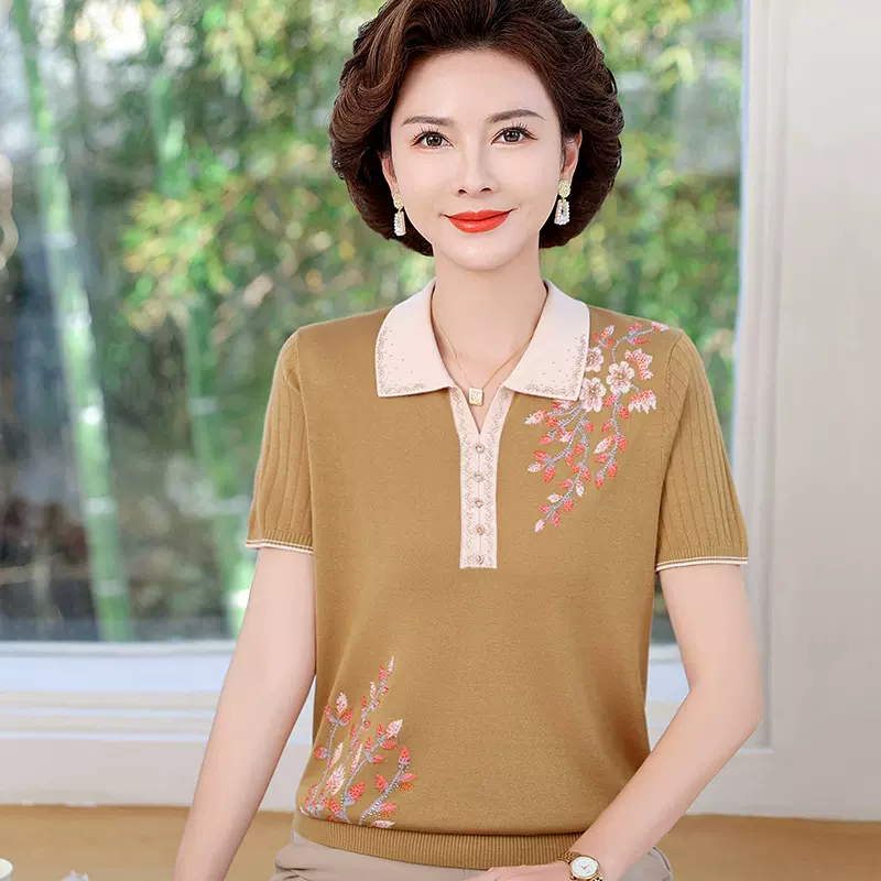 夏装新款妈妈装翻领针织打底衫短袖毛衣中老年女50岁时尚针织衫