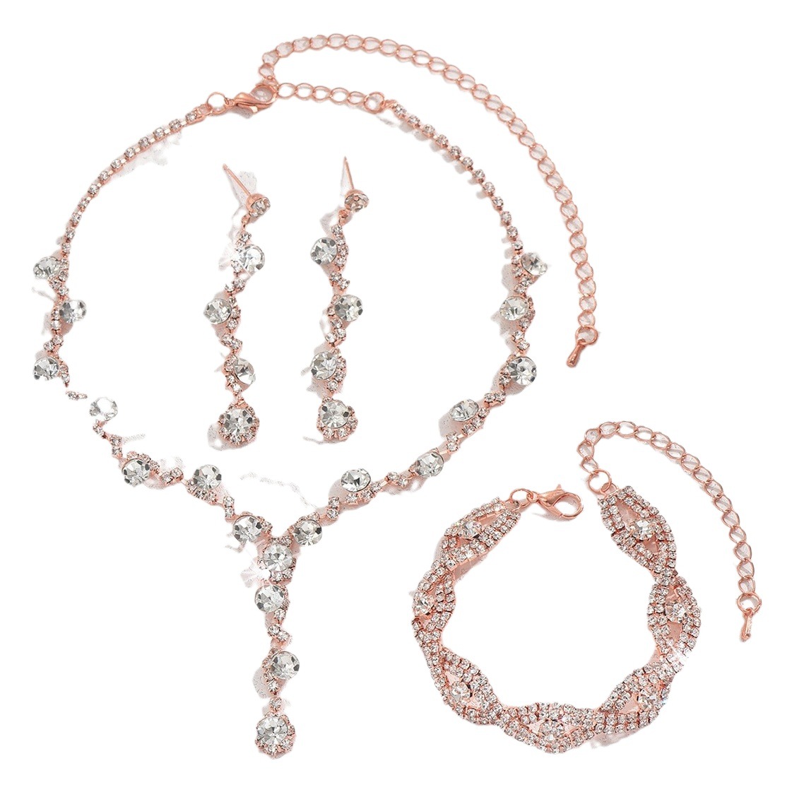 Moda diamante boda joyería traje collar aretes pulsera anillo elástico conjunto de cinco piezas