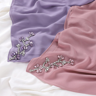 Cross-border high quality heavy industry luxury rhinestone-inlaid plum handmade straight edge solid color Pearl chiffon scarf batch