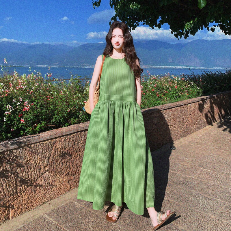 Green French-Style Relaxed Striped Sleeveless Dress for Women, 2026 Early Summer New Casual Fashion Elegant Long Dress