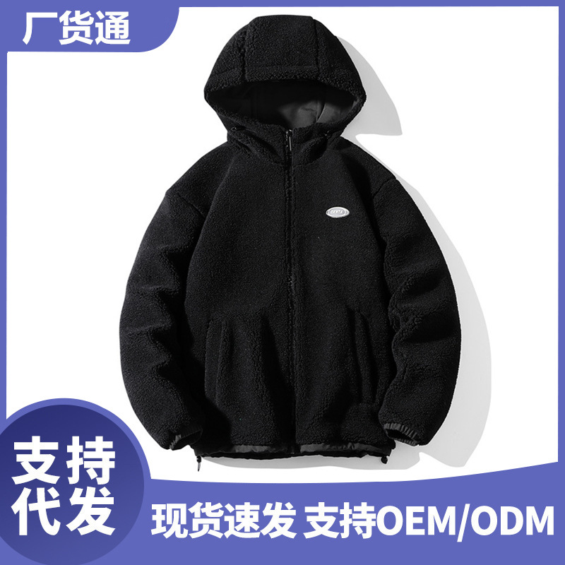 Invierno de los nuevos hombres de estilo coreano con capucha color sólido logotipo del coche de lana de cordero abrigo de algodón acolchado pareja de moda celebridad en línea mismo estilo abrigo a juego