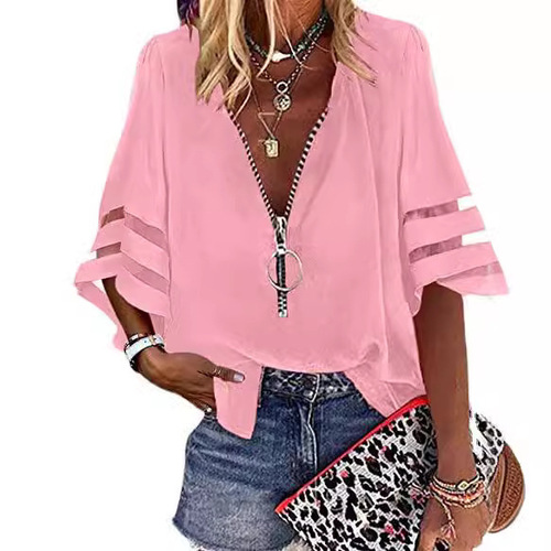 2025 European and American Amazon V-neck Zipper Shirt with Half Flared Sleeves, Mesh Patchwork, Loose Fit, Women's Chiffon, European and American Style