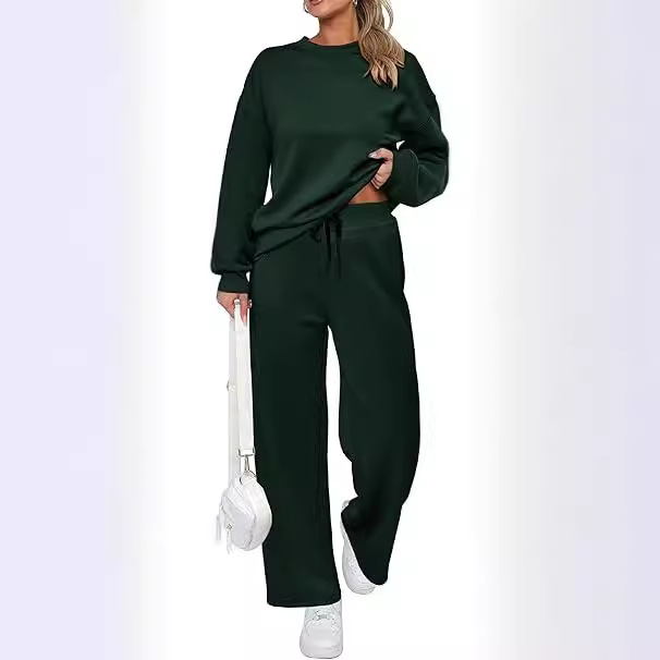 2024 Cross-Border European American Knitted Women's Two-Piece Set: Long-Sleeve Top And Casual Wide-Leg Pocket Pants Suit_voghion.com