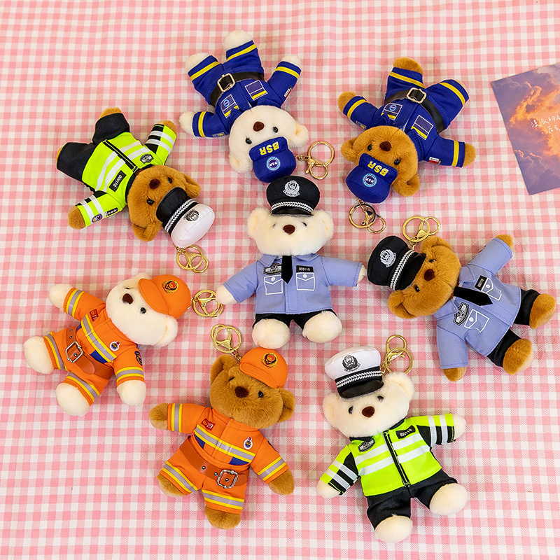New Fire Cubs Police Traffic Police Blue Sky Rescue Pendant Plush Toy Cute Teddy Bear Promotional Keychain