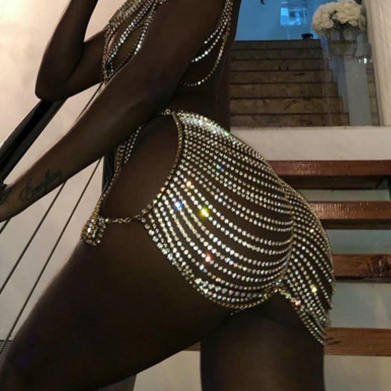 Super Flash hueco sexy con diamantes incrustados cadena de la cadera cadena de la joyería del rendimiento del club nocturno Europa y América transfronteriza multi-capa rhinestone cadena del cuerpo