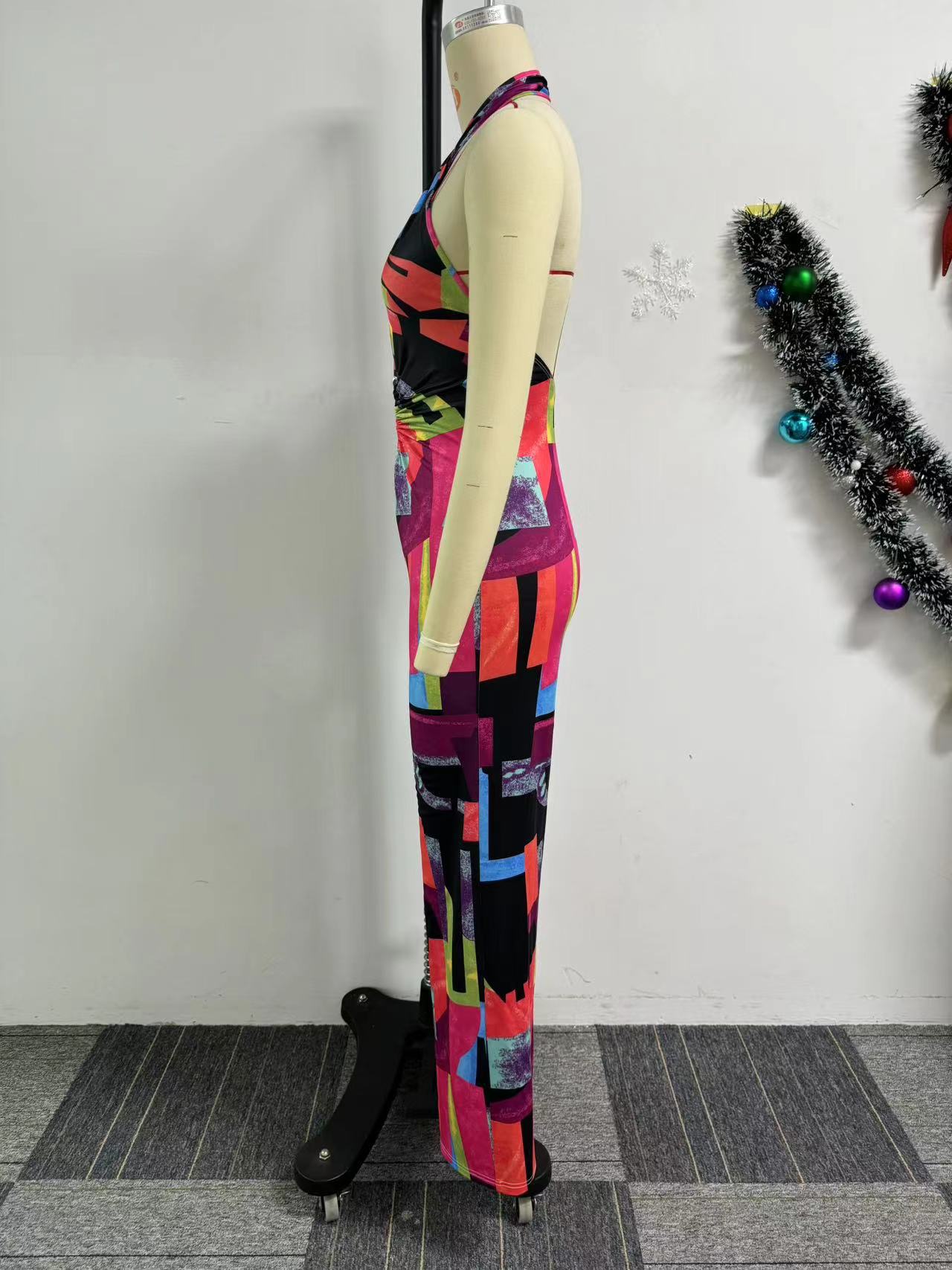 Sexy Printed Cross Halterneck Backless Stretch Slim Fit Bodysuit