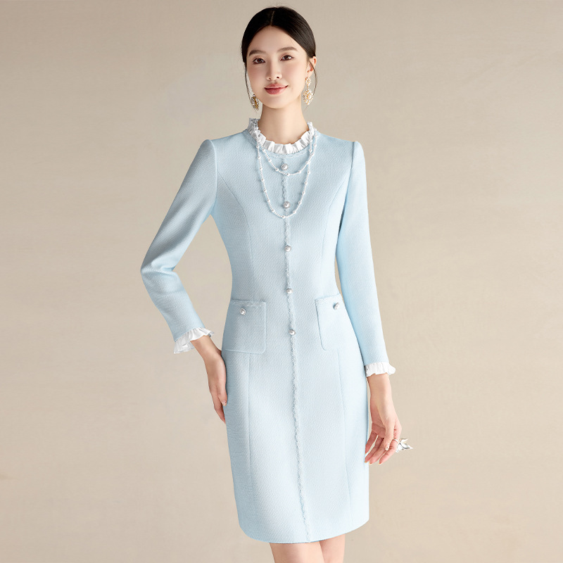 Blue Chanel-Style Dress for Women, Long-Sleeve Pearl Formal Suit Dress, Elegant Business Attire for Autumn