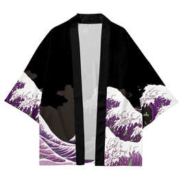 跨境shopify日系男装 海浪3d印花宽松休闲短袖和服披风斗篷