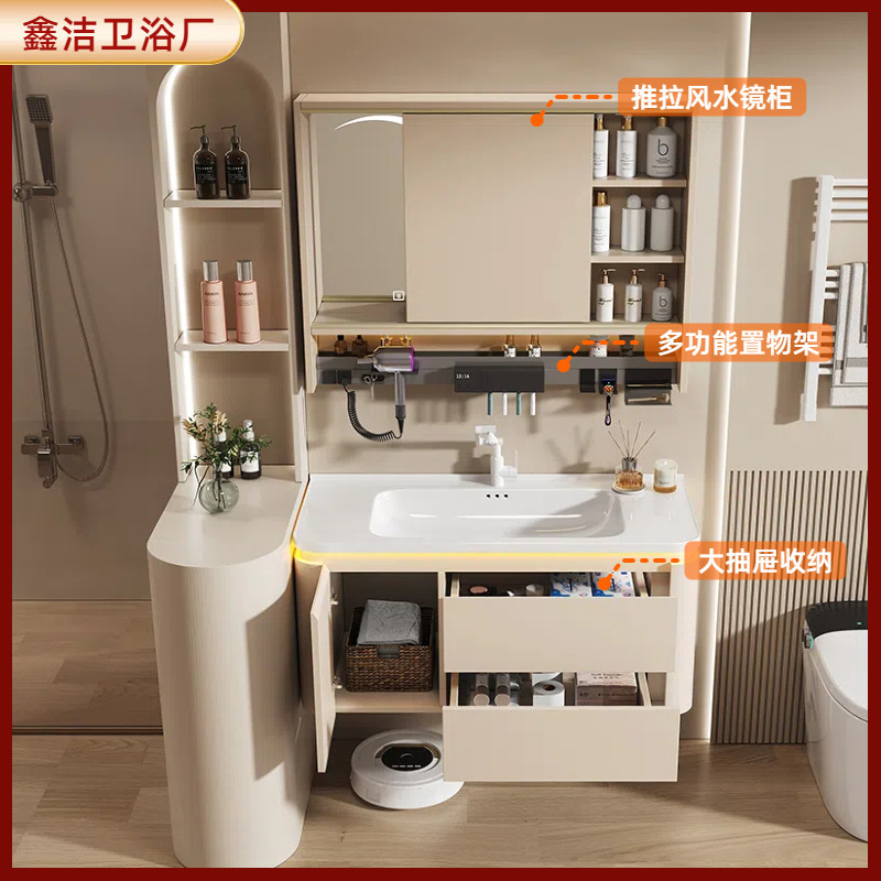 クリームスタイルの厚みのあるハニカムアルミニウムバスルームキャビネットコンビネーションバスルームシンクセラミック一体型洗面台キャビネット|undefined