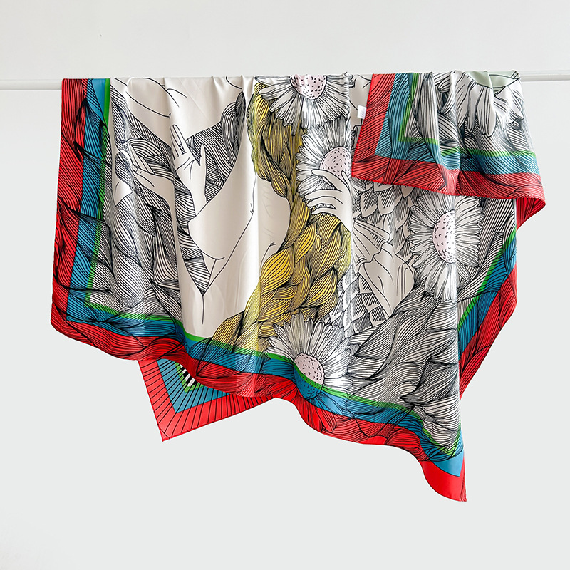 Pañuelo cuadrado femenino diseño creativo coreano sensación planta estampado floral chal primavera y otoño temperamento de moda estilo fino sarga cuadrado