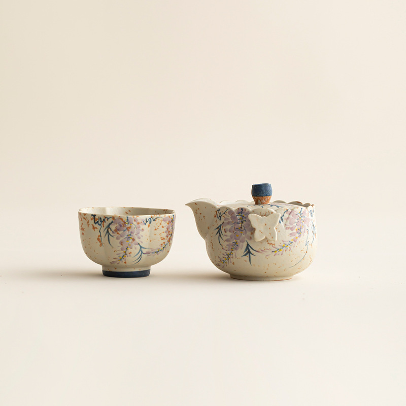 Caramel Glaze Hand-Painted Wisteria Flower Hand-Held Teapot Teacup Ceramic Household One Pot and One Cup Set