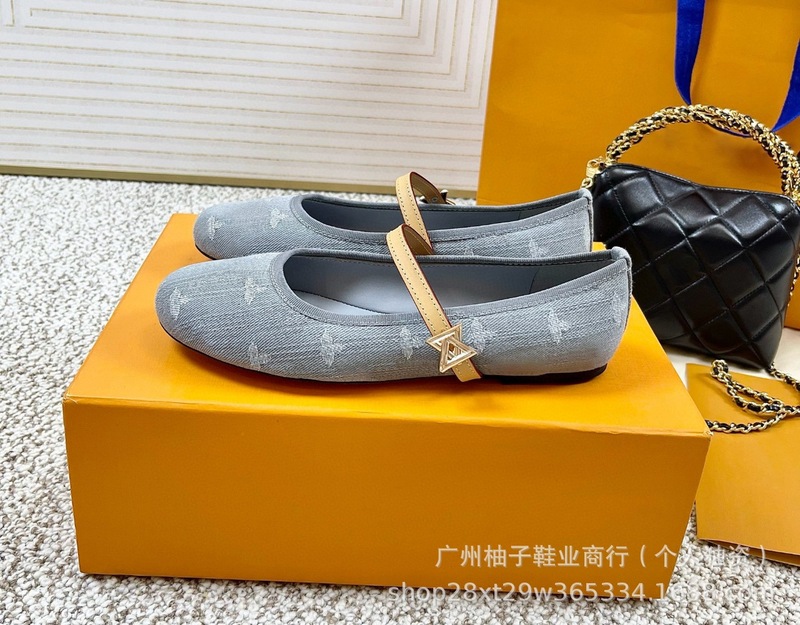 2025夏季新款丹宁牛仔蓝芭蕾舞平底单鞋女金属扣圆头少女单鞋皮鞋|undefined
