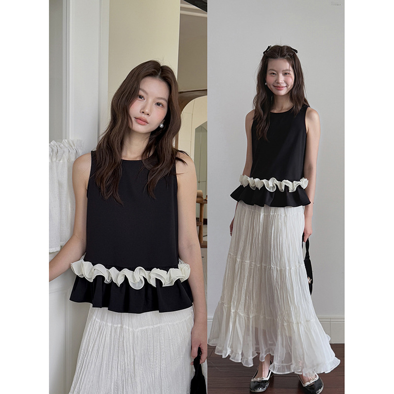 【Geming】Designed with a Ruffled Hem, Round-Neck Vest for Women, 2026 Summer Color-Blocking Sleeveless Top Y1838F