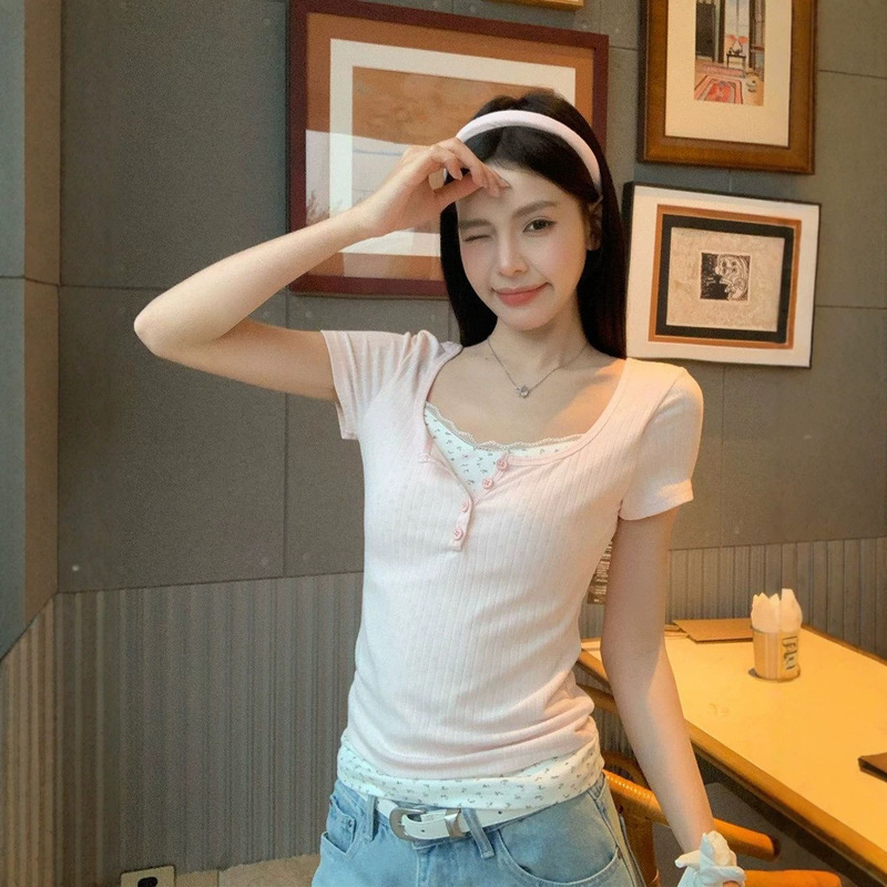 Pure Desire Style Pink Short-Sleeve T-Shirt for Women, Summer 2026 Korean Style Slim-Fit, Very Beautiful Floral Fake Two-Piece Top