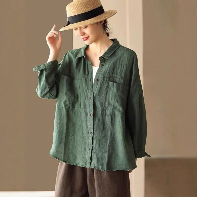 Lapel Cotton Shirt for Women, New Spring and Autumn Style, Loose Fit, High-End Cotton-Linen Long-Sleeve Cardigan, Slimming Top