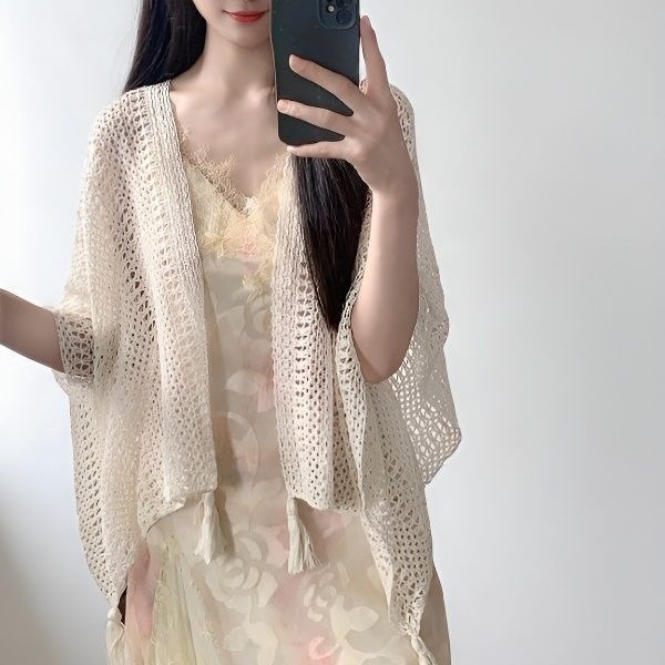 Ethnic Style Solid Color Hollow-Out Knitted Large Shawl for Outerwear Decoration, Versatile Travel Accessory for Yunnan Trips, Cape Shawl