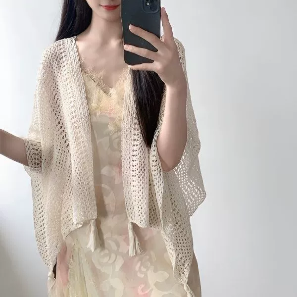 Ethnic Style Solid Color Hollow-Out Knitted Large Shawl for Outerwear Decoration, Versatile Travel Accessory for Yunnan Trips, Cape Shawl