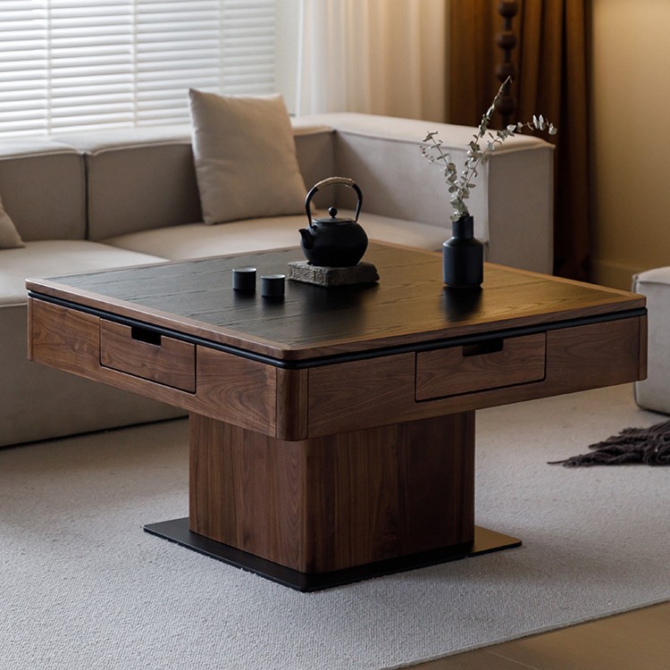 Mesa de centro de elevación multifuncional, mesa de mahjong, máquina de mahjong de madera maciza automática integrada, mesa de comedor, madera de nogal negro de América del Norte de doble uso