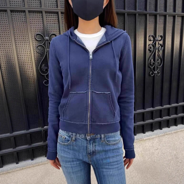 Bm Style Navy Blue Zipper Hooded Sweatshirt American Retro Raw Edge Distressed Kangaroo Pocket Bm Pure Color Cardigan Short Outerwear for Women Bm Style Navy Blue Zipper Hooded Sweatshirt American Retro Raw Edge Distressed Kangaroo Pocket Bm Pure Color Cardigan Short Outerwear for Women
