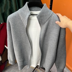 百搭纯色拉链开衫男针织衫秋冬季爆款修身毛衣外套男立领半高外搭