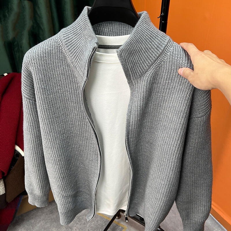 Versatile Solid Color Zipper Cardigan Men's Knit Sweater Autumn and Winter Popular Slim-Fit Sweater Jacket Men's Stand Collar Half-High Outerwear