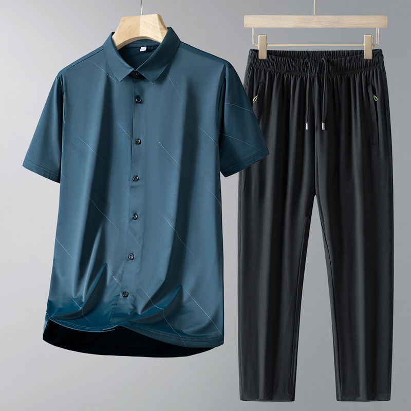 Papa de verano 2025 nuevo traje casual para hombre delgado cardigan de manga corta Polo cuello rayado de hielo dos piezas para hombre
