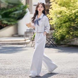 时尚复古丝带装饰牛仔套装女2025春季新款洋气减龄外套裤子两件套