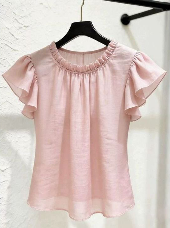 Áo sơ mi nữ tay ngắn thiết kế rộng, cổ bèo nhún, tay phồng nhẹ — Màu hồng