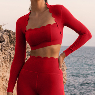 Cross-Border Amazon Lace Square Neck Yoga Wear Women's Slimming Look Sports Long-Sleeved T-Shirt Breathable and Comfortable Yoga Top