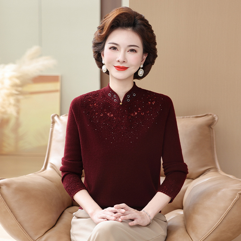 100%纯羊毛妈妈装秋冬毛衣旗袍领打底衫洋气中老年女气质上衣高贵|undefined