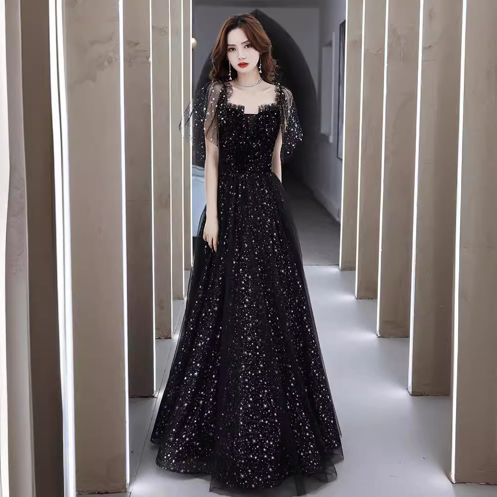 Black Evening Dress 2025 New Style Elegant Birthday Party Annual Meeting Casual Wear French-Style Spaghetti Strap Prom Evening Dress