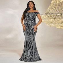 KY689跨境时尚黑色重工款亮片豪华晚礼服 欧美性感名媛古典长裙