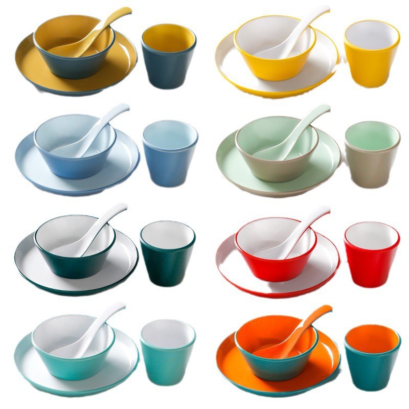 Melamine Two-Tone Hot Pot Restaurant Table Setting: 4-Piece Commercial-Grade Imitation Porcelain Bowl, Plate, Cup, and Spoon Set&mdash;Premium Dining Utensils Designed Specifically for Hotels