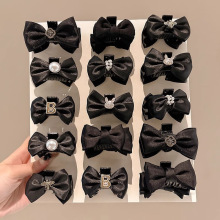 韩式优雅珍珠抓夹黑色缎面蝴蝶结侧边发饰刘海夹公主气质小号发夹