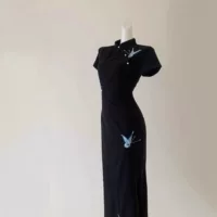 8862 # Новое улучшенное повседневное платье Cheongsam в китайском стиле, тонкое черное платье без рукавов с вышивкой бабочки в национальном стиле