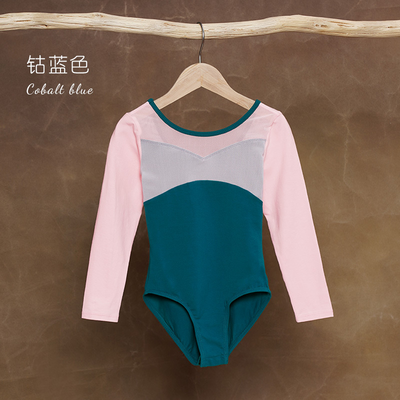 Traje de baile para niños Traje de entrenamiento de manga larga de primavera para mujer Traje de gimnasia de dos piezas falso Traje de ballet con costuras de color en contraste Traje de rendimiento