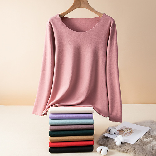 Women's Thick Fleece Long Sleeve Round Neck Innerwear Top with Warm Padding, Winter Plus Size Chunky Knit Sweater