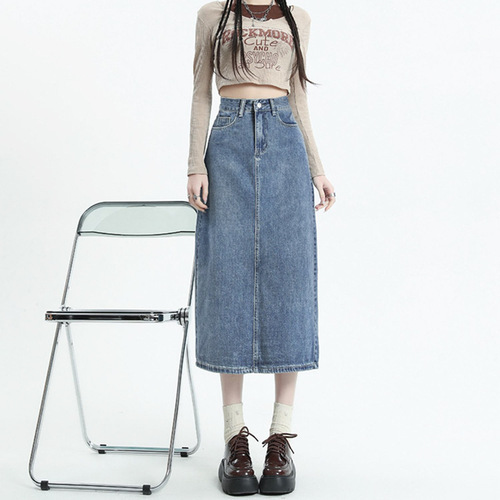Women's High-Waist Vintage Opening A-Line Semi-Long Denim Skirt for Spring and Summer