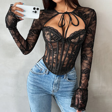 外贸欧美气质绑带蕾丝衫性感辣妹鱼骨抹胸透视吊带长袖上衣211