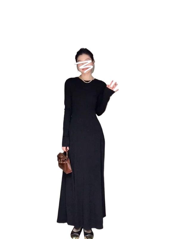 法式赫本风黑色裙长袖连衣裙女春秋时尚感遮肚子a字长裙子打底裙|undefined