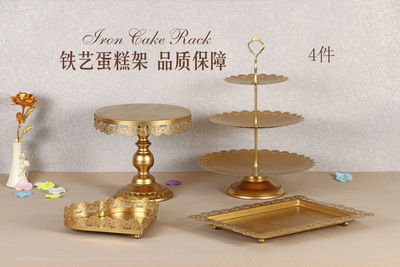 Decoración de mesa de postres de boda de oro, estante de pastel europeo, propósitos de boda, bandeja de pastel de encaje, estante de refrigerio de hierro forjado, 12 juegos