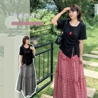 2510 Xuanchen, женская летняя новинка больших размеров, однотонная плиссированная юбка с короткими рукавами и клетчатыми ушками
