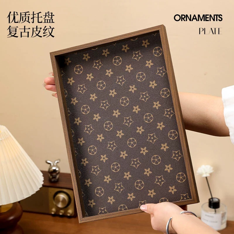 Tray Key Storage Entrance Ornaments Desktop Jewelry Vintage Light Luxury Leather Wooden Tea Tray Home Play Bracelet