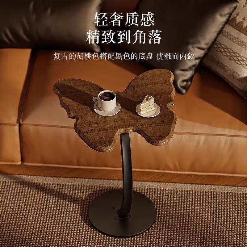 简约蝴蝶边几黑胡桃色木茶几中古风客厅沙发卧室边床头柜置物柜|undefined