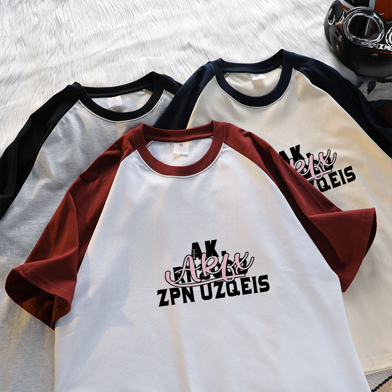 Contrast Color Washed Old Raglan Sleeve T-shirt Men's Summer New Loose American Style Retro Couple Fashion Brand Short Sleeve T-shirt Q