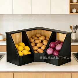 跨境竹木厨房收纳盒角柜三格储物架家用蔬菜水果置物架实木整理盒