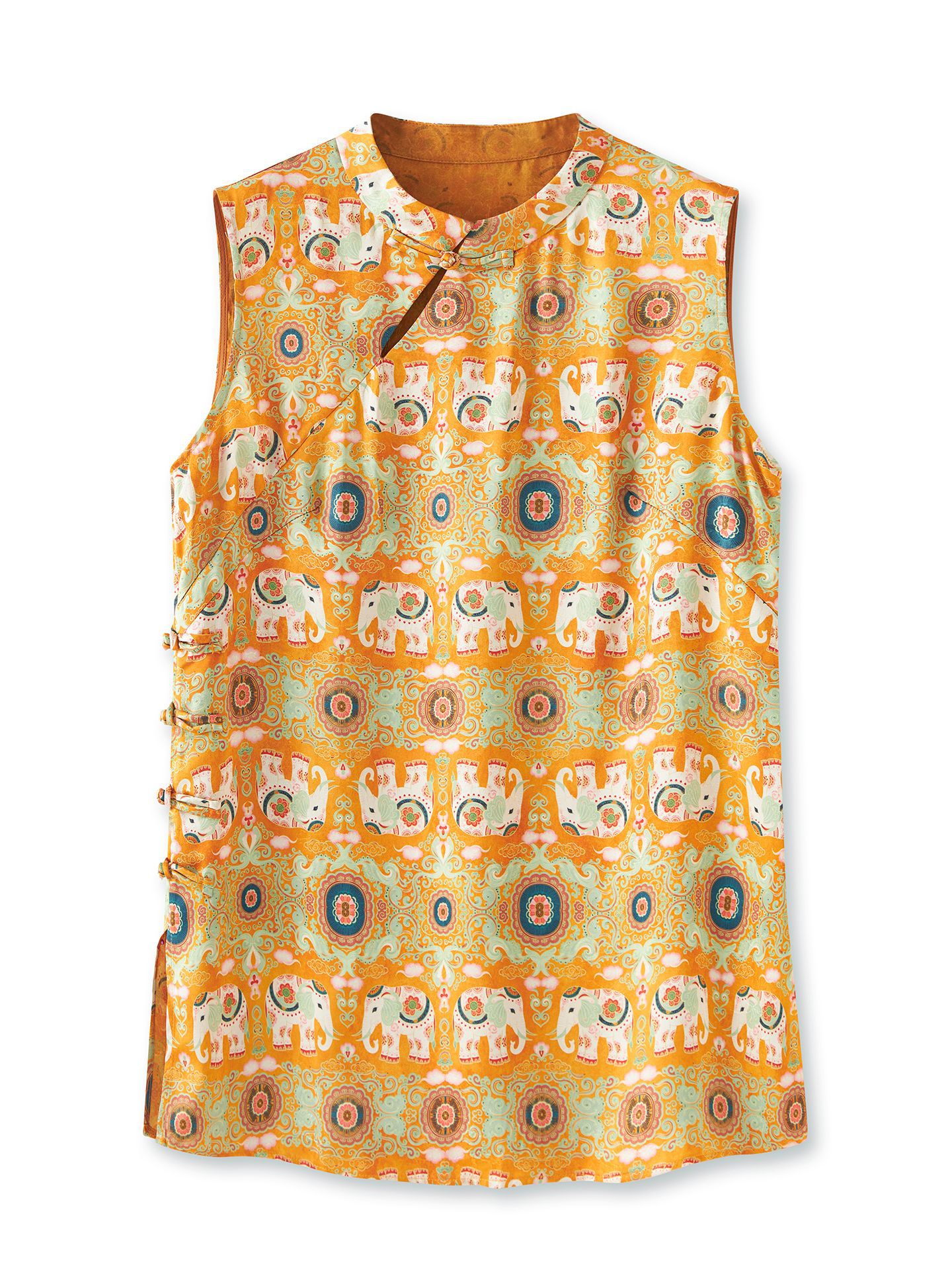 Áo vest cổ điển nữ phong cách Trung Hoa mới, chất liệu tơ tằm họa tiết voi nhỏ jacquard — Màu cam voi