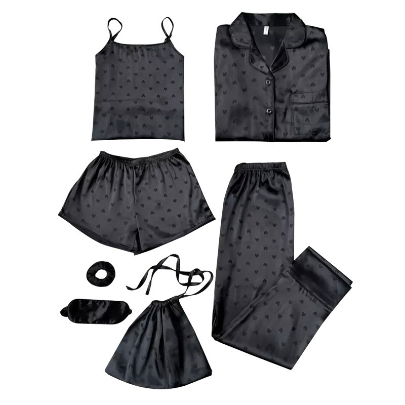 Wholesale European and American style girls' seven-piece pajama set, long-sleeved imitation silk camisole striped loungewear set