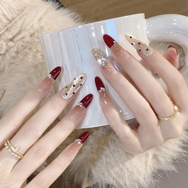 Wine red wave point cat's eye wearing a love diamond white French long fake nails hand nail finished wholesale Wine red wave point cat's eye wearing a love diamond white French long fake nails hand nail finished wholesale